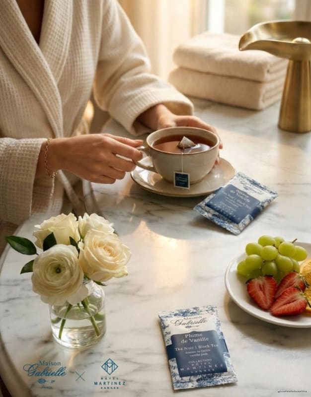 Tasse de thé Plume de Vanille et sachet Maison Gabrielle sur une table en marbre dans une chambre d'hôtel