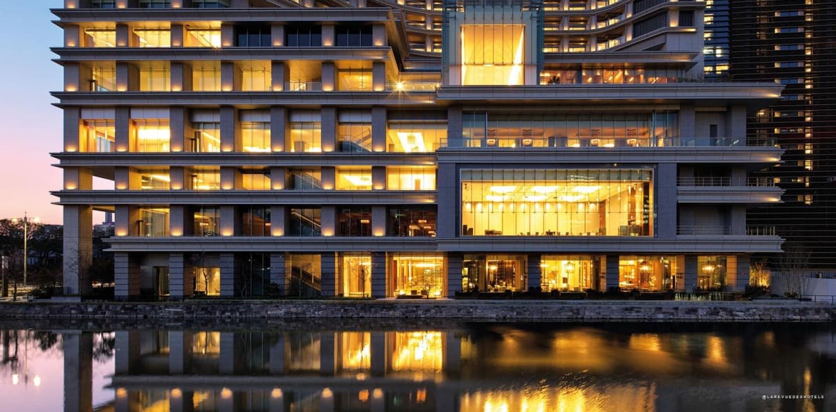 The Palace Hotel Tokyo at dusk reflected in the Imperial Palace moat