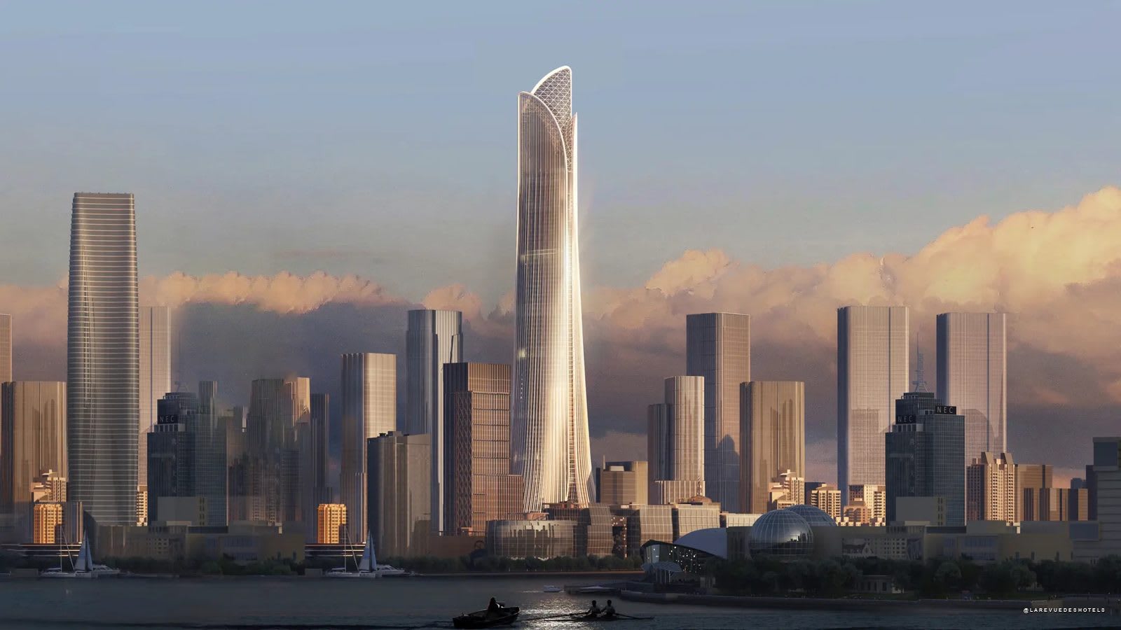 Rendering of the Shanghai North Bund Center tower, whose crown evokes a magnolia flower, above the Hongkou skyline