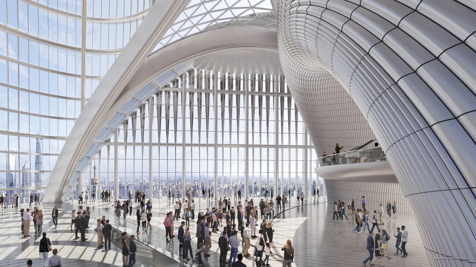 Rendering of the civic hall set within the crown of the North Bund tower, with its white arches and view over Shanghai