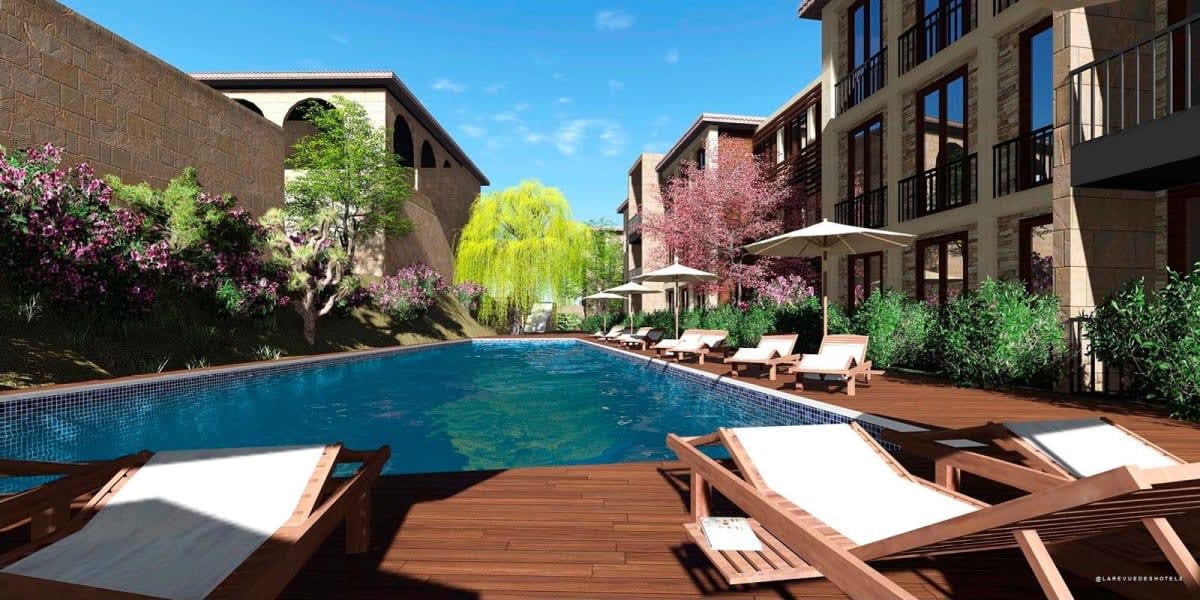 Rendu de la piscine exterieure du resort Okura en Cappadoce