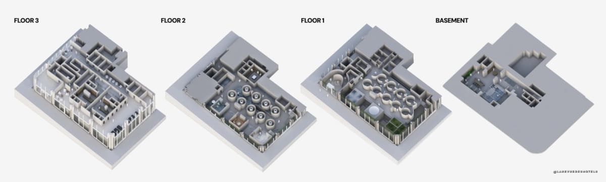 Le plan des quatre niveaux du Midjourney Spa au 300 Grant Avenue