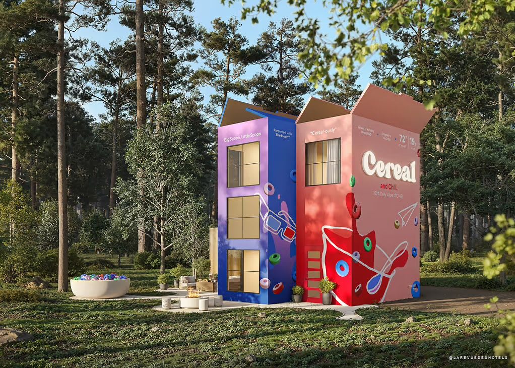 Le rendu du projet Cereal Stays de Trey Dillon, deux boîtes de céréales et un bol géant