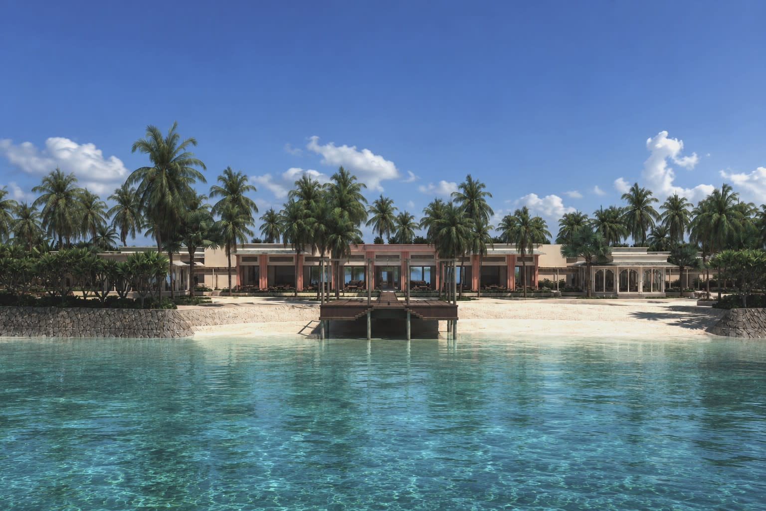 Le bâtiment principal du futur ONE BANYAN Amaraa Faru vu depuis le lagon