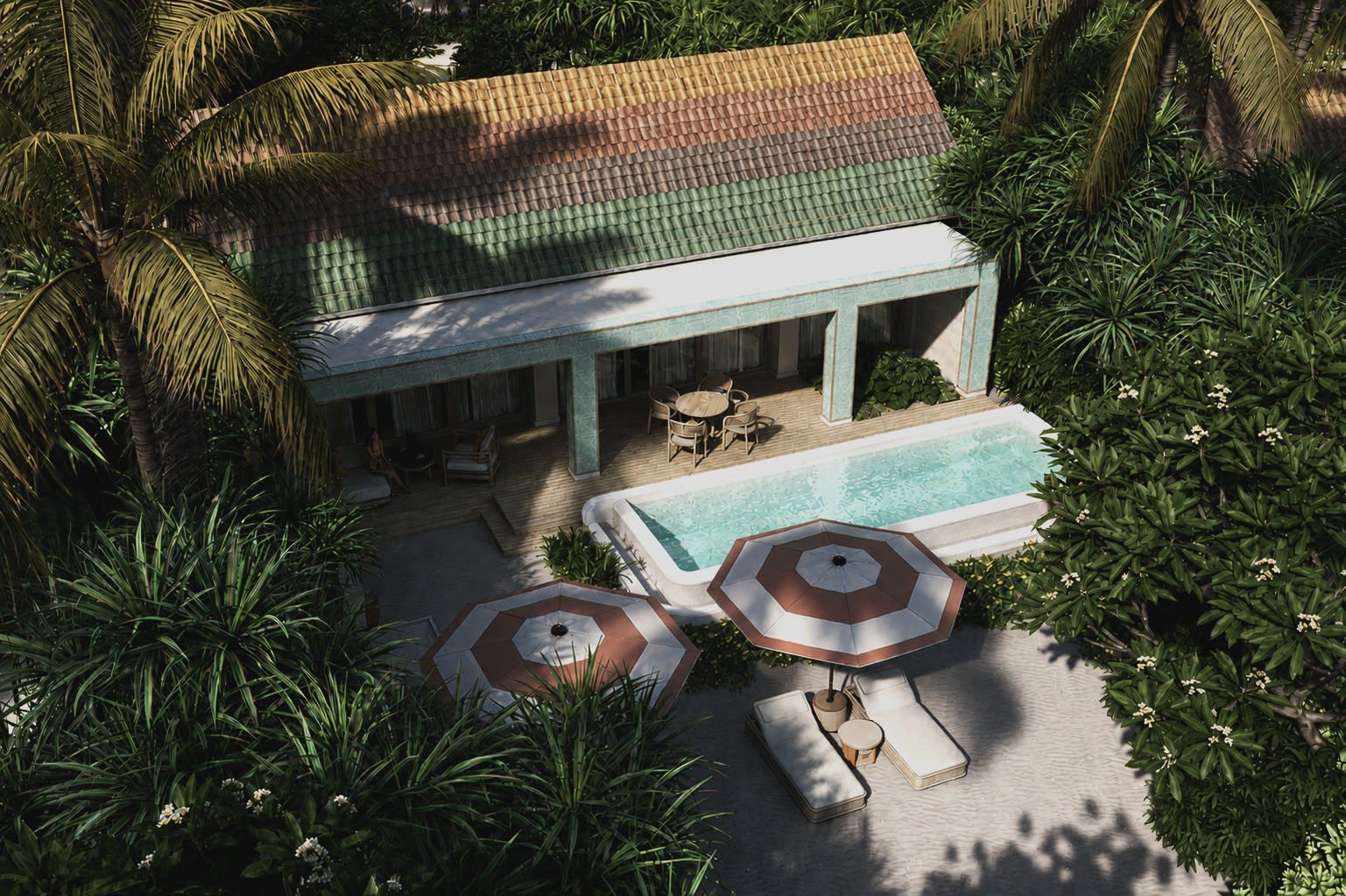 Villa de plage du futur ONE BANYAN Amaraa Faru et sa piscine privée, vue du ciel