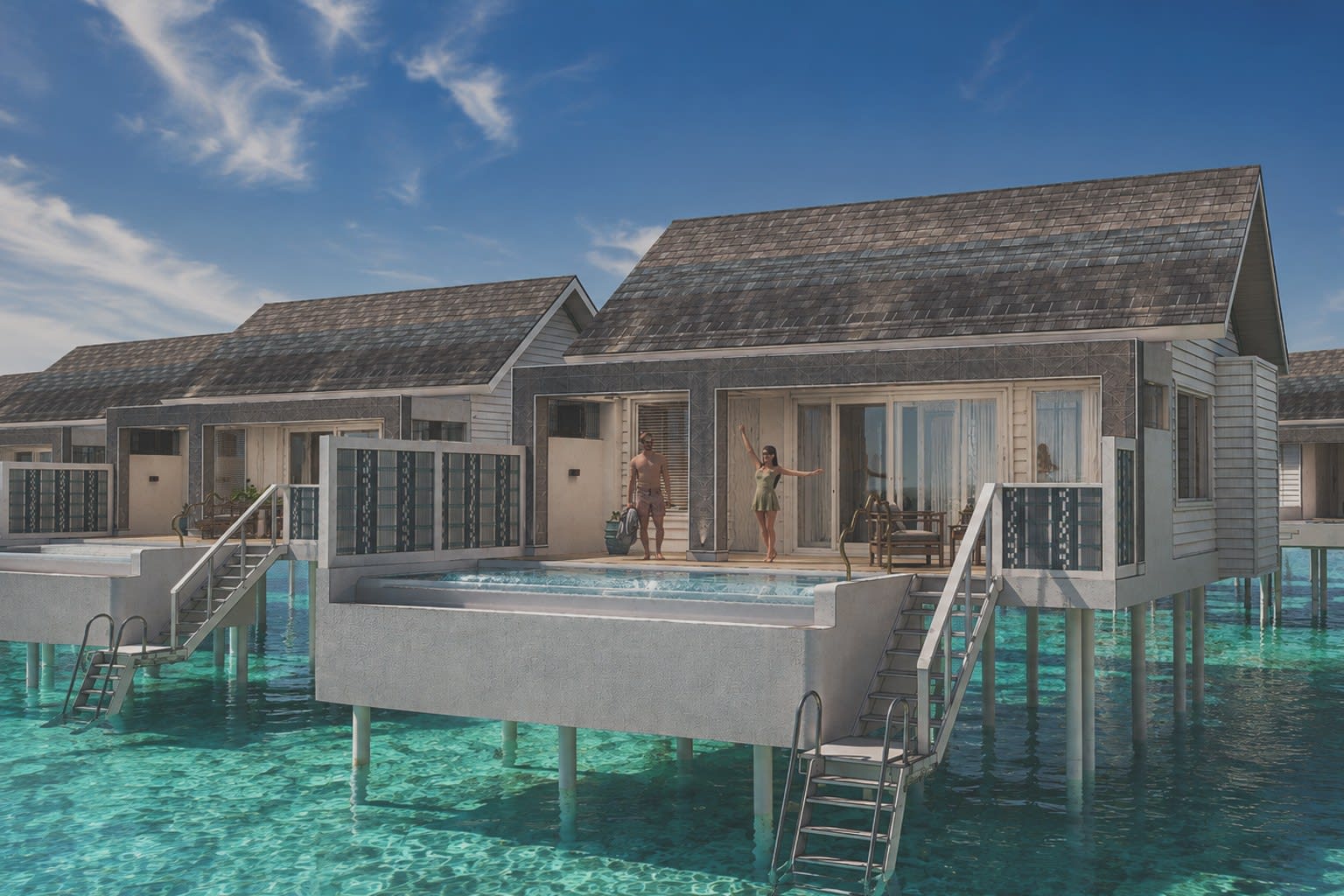 Villa sur pilotis du futur ONE BANYAN Amaraa Faru, avec sa piscine au-dessus du lagon