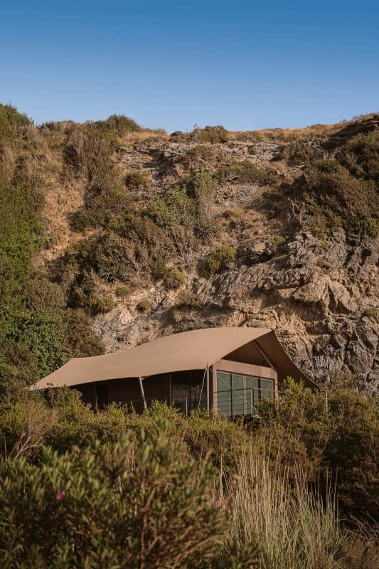 Um pavilhão de lona do Revery Wild, na vegetação da enseada