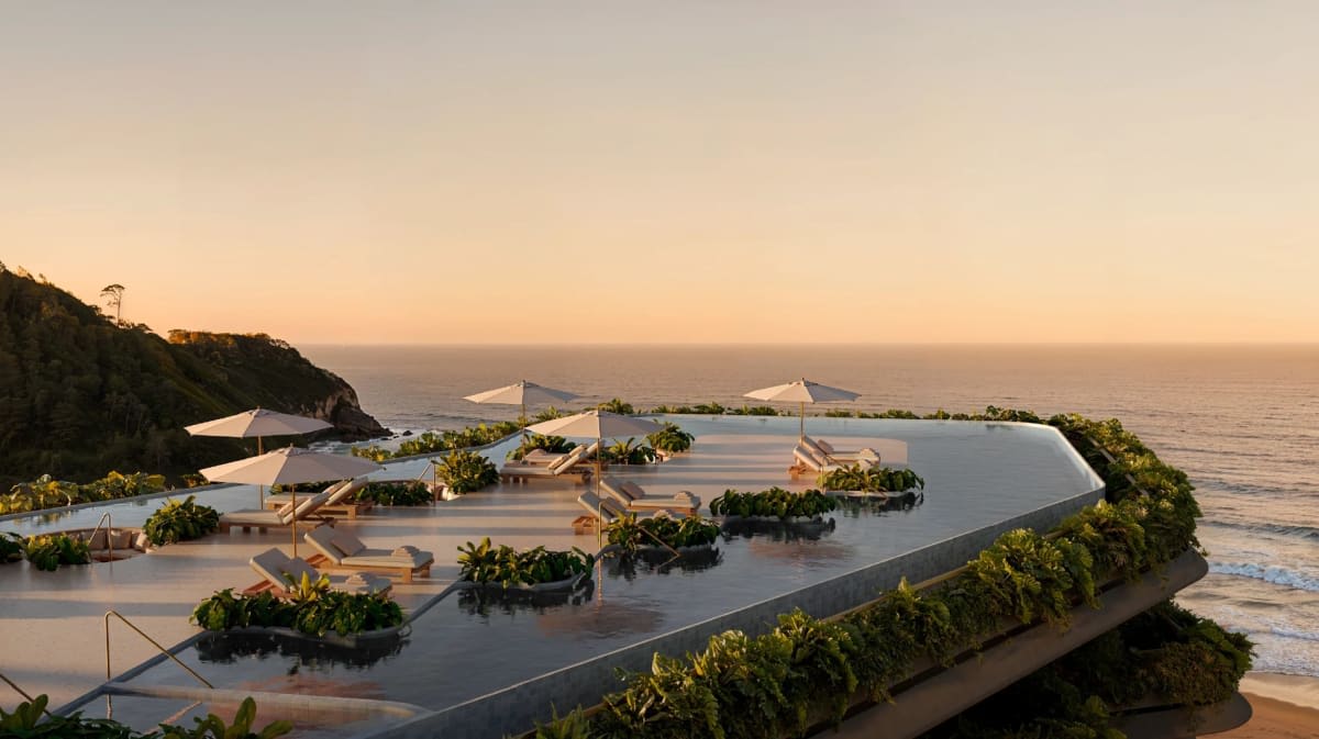 Render do futuro hotel Emiliano na Praia Brava ao pôr do sol