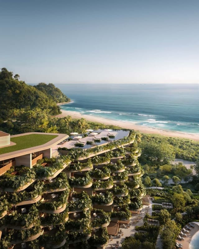 Render das residências Tempo e seus terraços com paisagismo