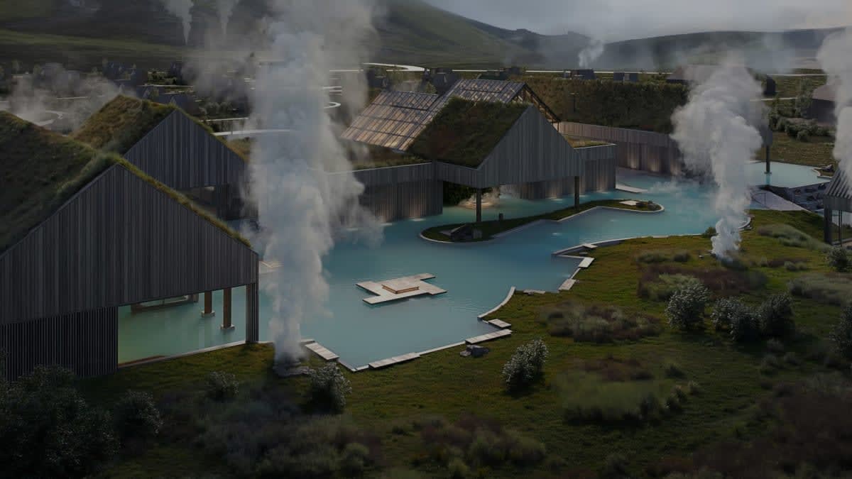 Le lagon géothermique Reykjaböð, en Islande, vu du ciel
