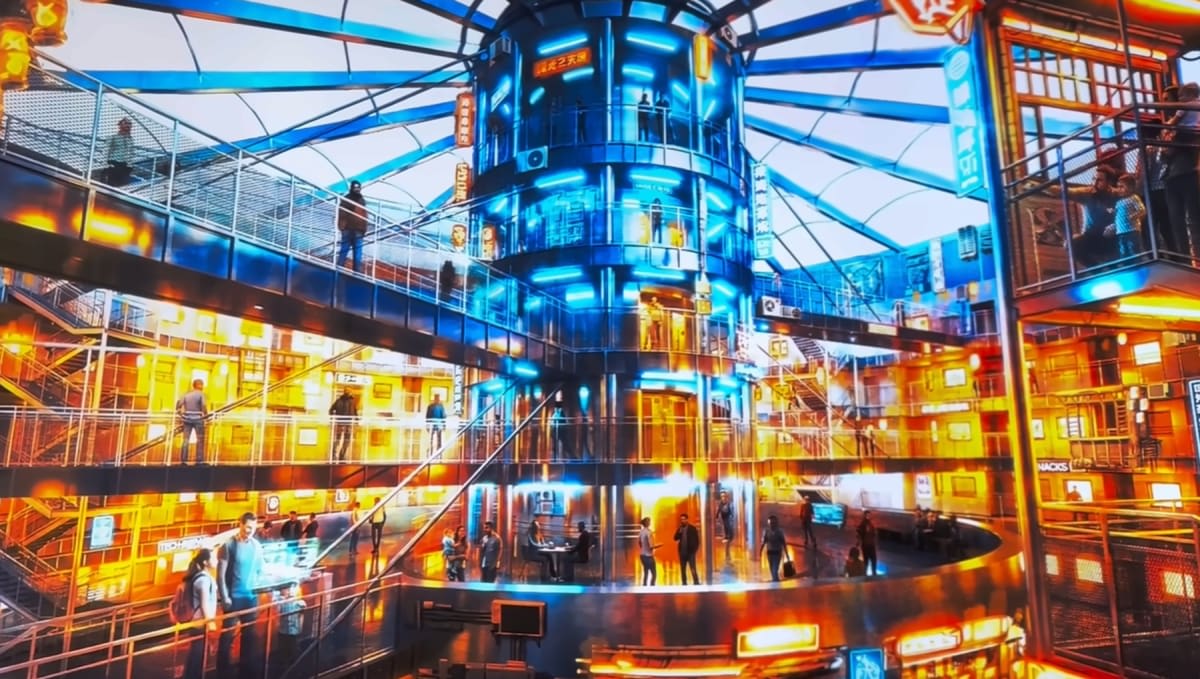 Atrium du futur hôtel de science-fiction du Futuroscope, passerelles et enseignes lumineuses (vue d'artiste)