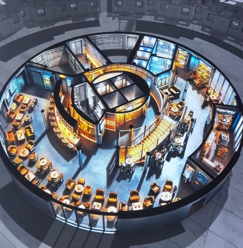 Vue en coupe du restaurant circulaire du futur hôtel du Futuroscope, bar central et salles (vue d'artiste)