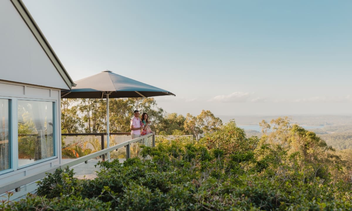 Terrace of Peppers Clear Mountain with views over the bush and the Glass House Mountains, Queensland