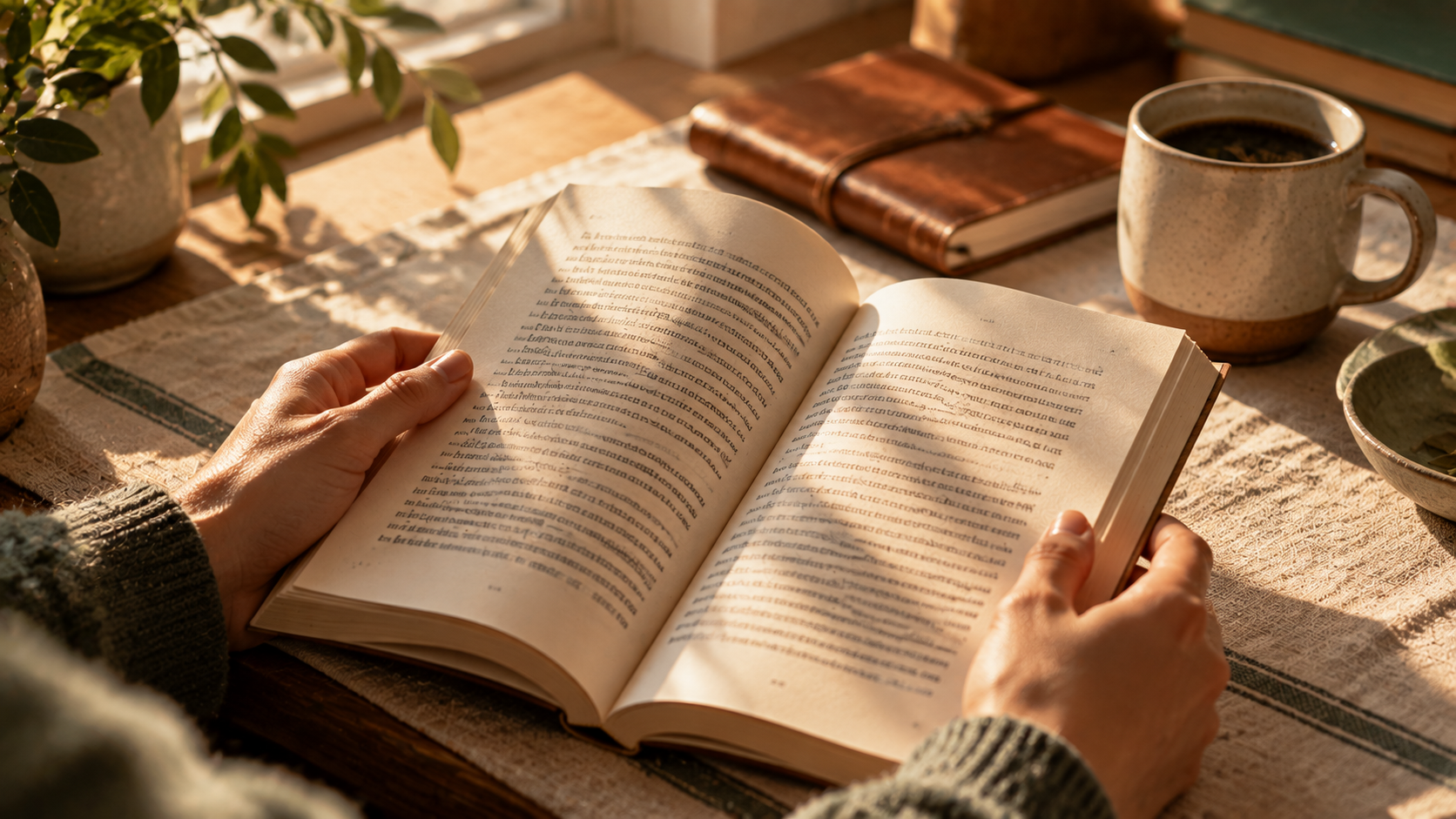 A reader's hands holding an open novel in a second language, a notebook and warm mug beside them on a linen-covered desk in soft morning light