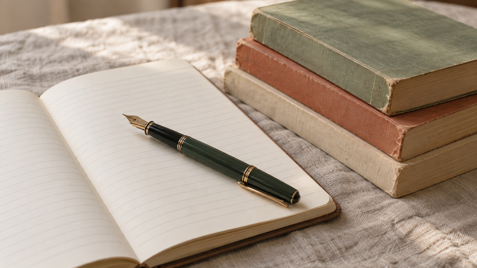 Open notebook and a stack of small paperback novels on a linen tablecloth in soft morning light