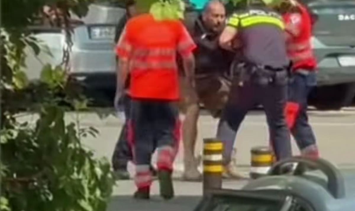 Artistul Cheloo în situație de imobilizare de către polițiști Artistul Cheloo în situație de imobilizare de către polițiști