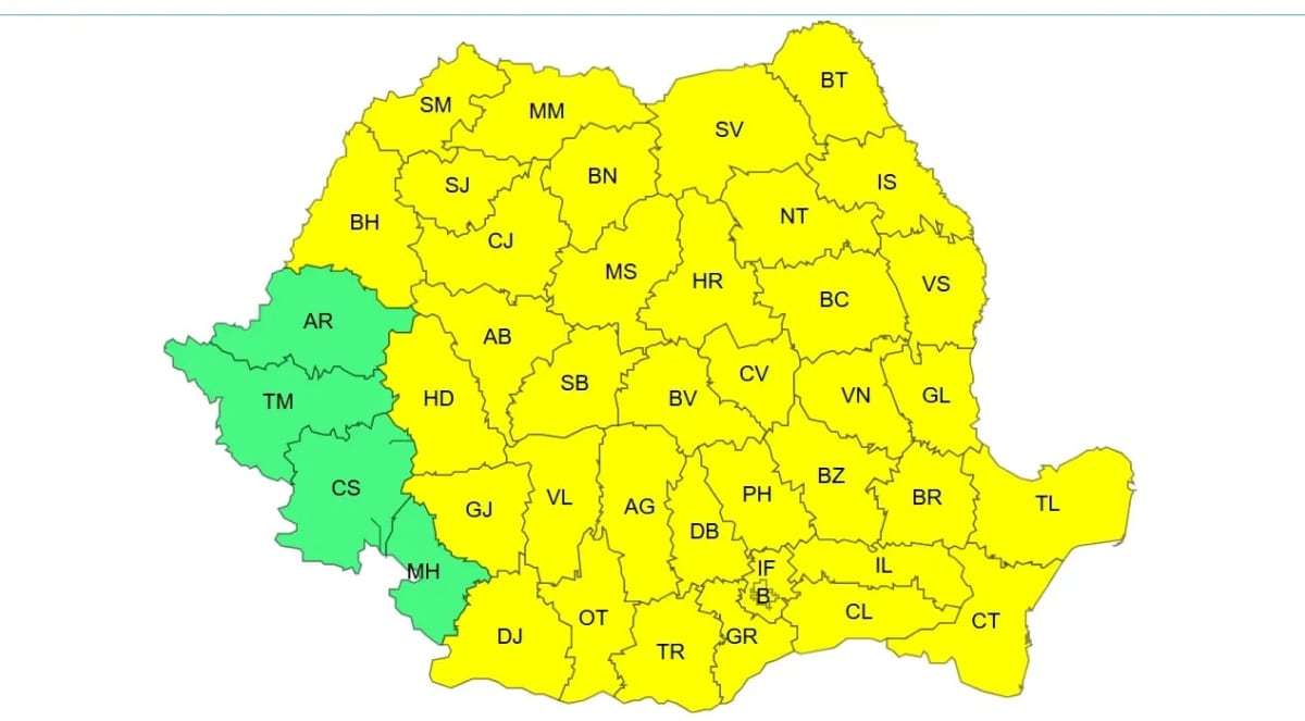 Cod galben de vijelii, ploi torențiale și grindină în România pe 8 și 9 iulie 2026
