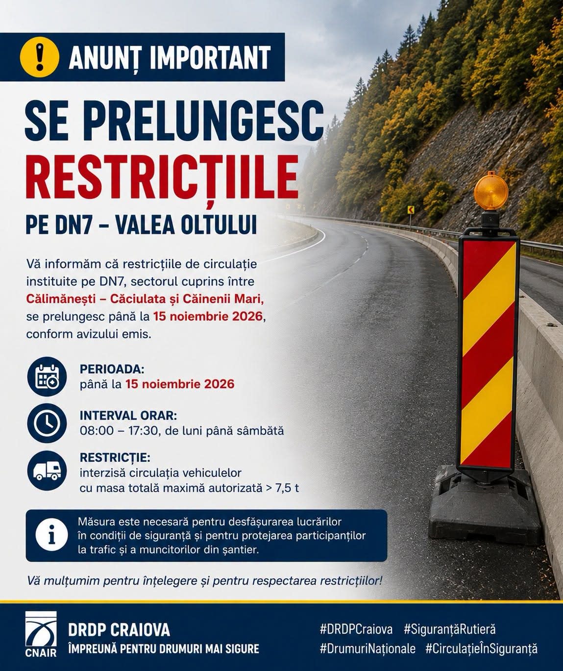 Restricții de circulație pe Valea Oltului, semnalizare rutieră