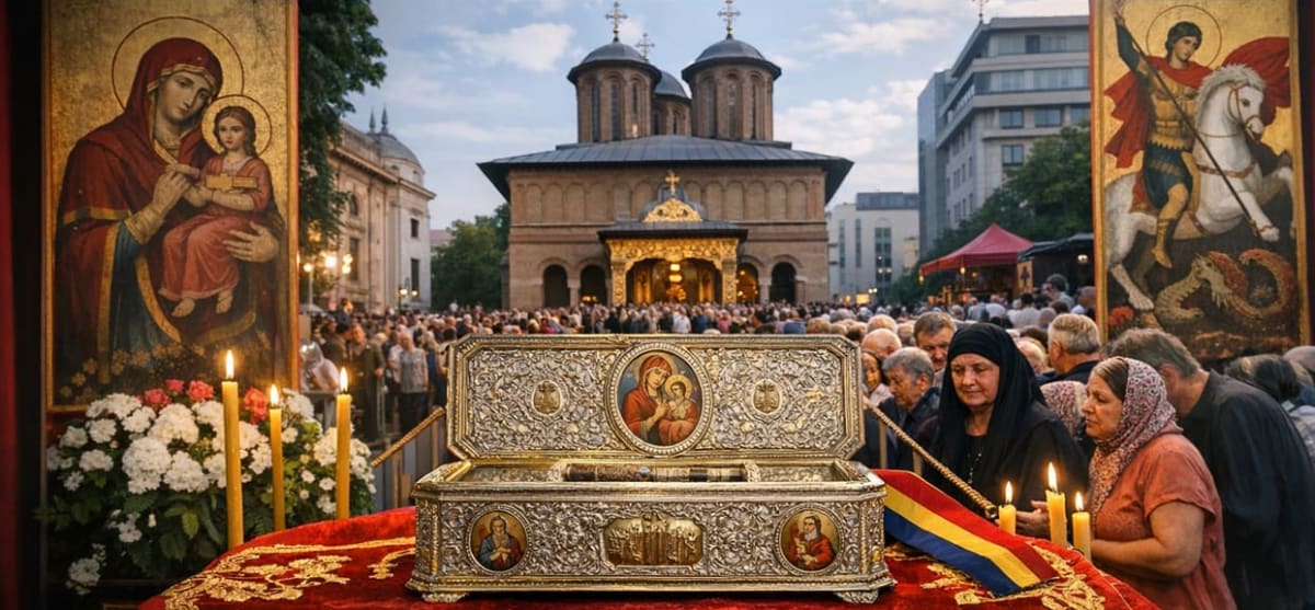 racla cu moaștele Sfintei Ana în biserică, credincioși închinându-se