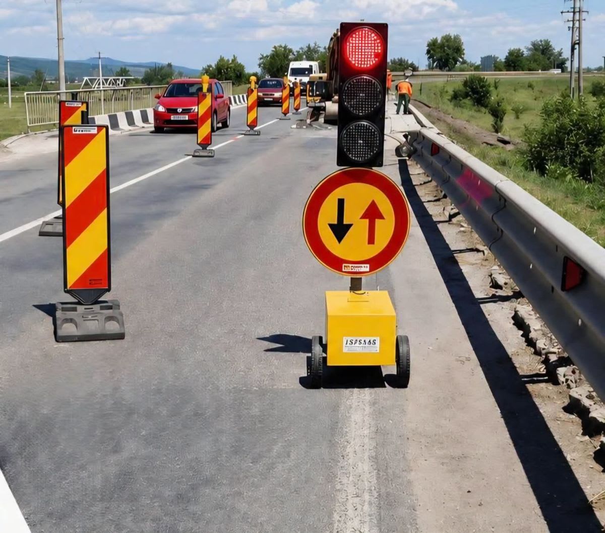 drum județean în lucru, semnalizare rutieră, teren afectat drum județean în lucru, semnalizare rutieră, teren afectat