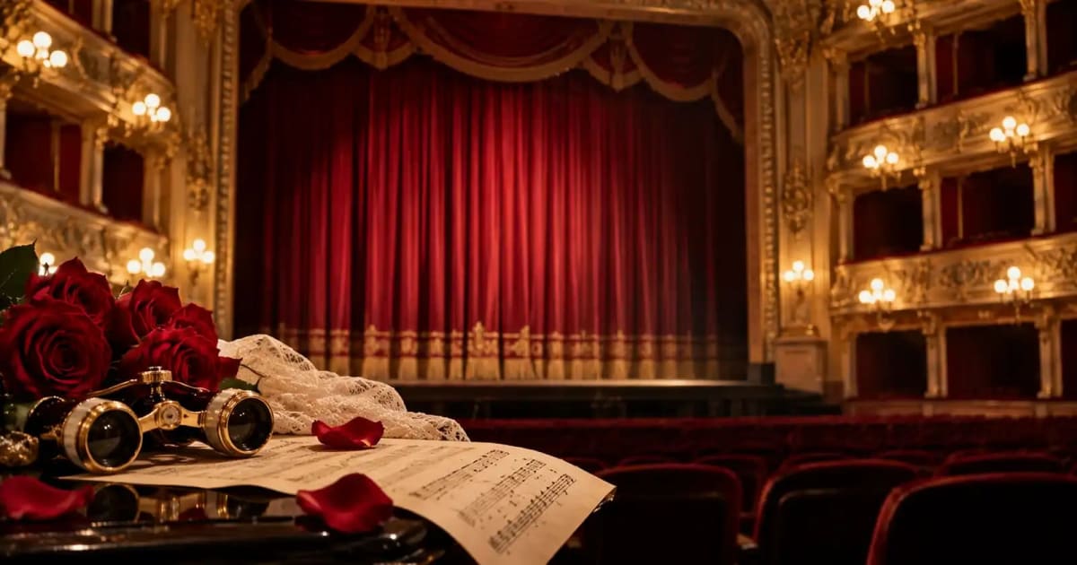 spectacol operă La Traviata, scena cu decoruri și costume spectacol operă La Traviata, scena cu decoruri și costume