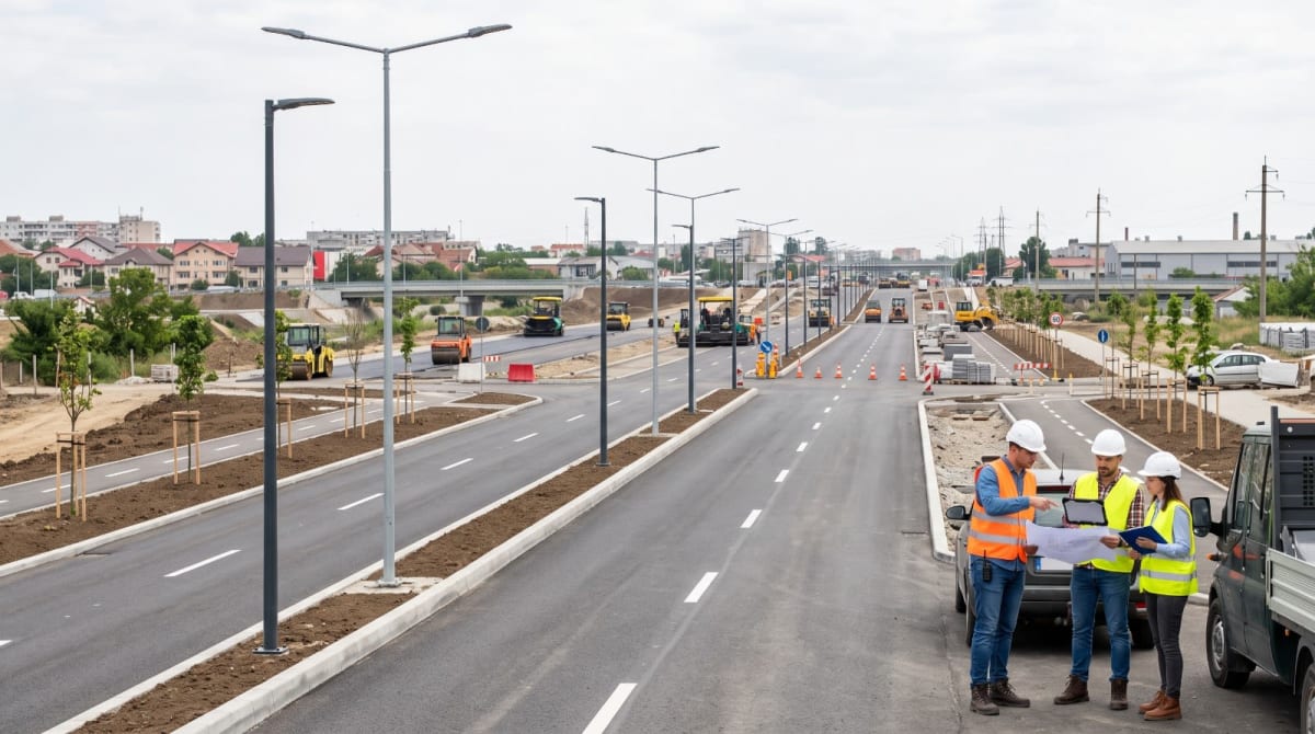șantier rutier în Craiova, muncitori și utilaje