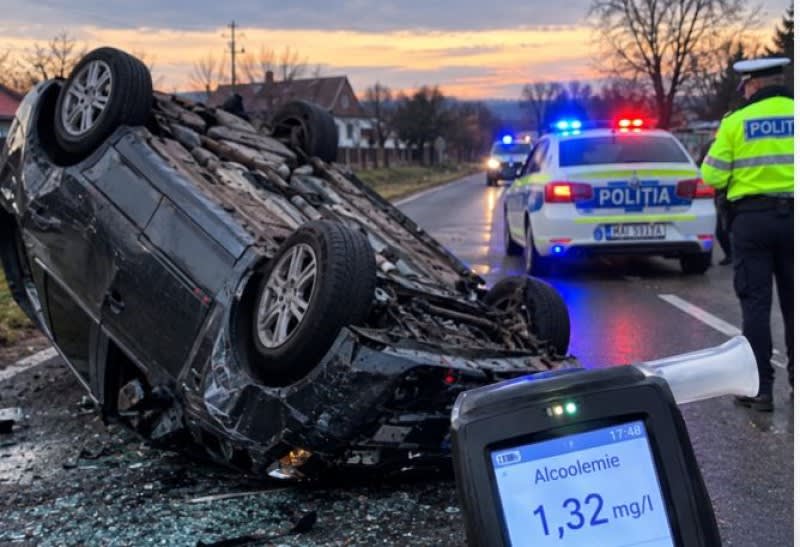 Poliția Flămânzi a deschis dosar penal după ce un șofer a răsturnat mașina cu alcoolemie de 1,32