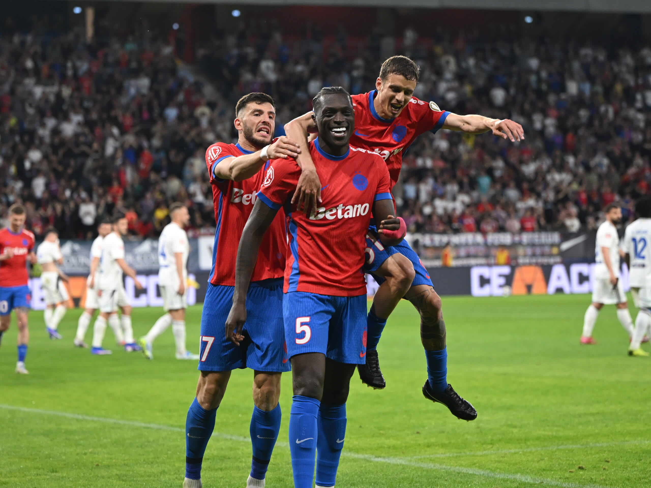 Suporter FCSB în acțiune pe stadion, ghidând și sprijinind organizarea meciului