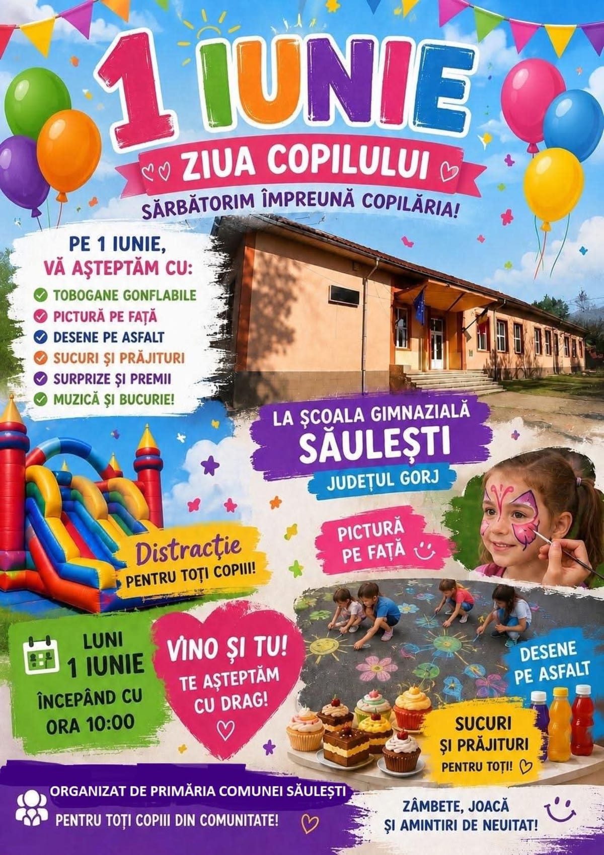 Copii participând la activități recreative în curtea școlii din Săulești