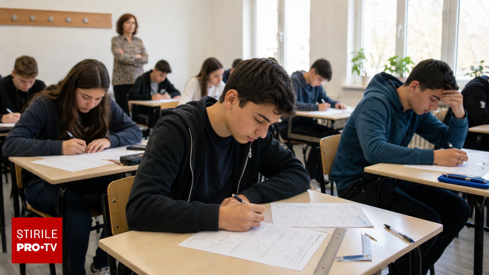 Elevi susținând examenul de matematică la Evaluarea Națională 2026