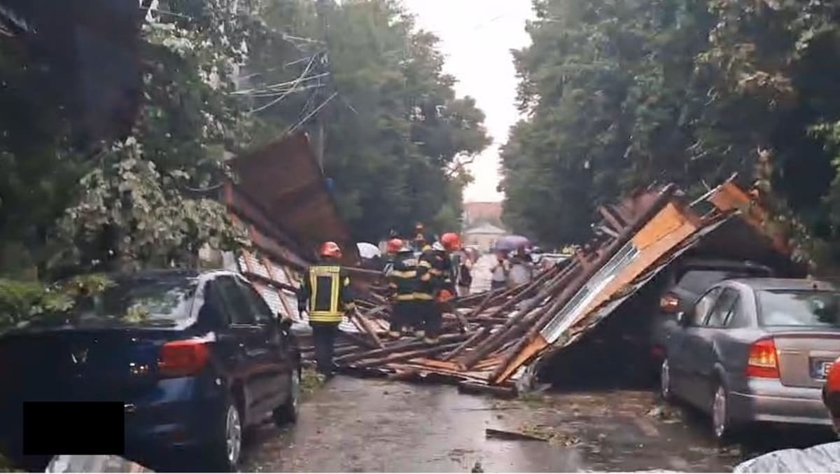 Pompieri români intervenind în timpul furtunii, copaci căzuți și case inundate Pompieri români intervenind în timpul furtunii, copaci căzuți și case inundate