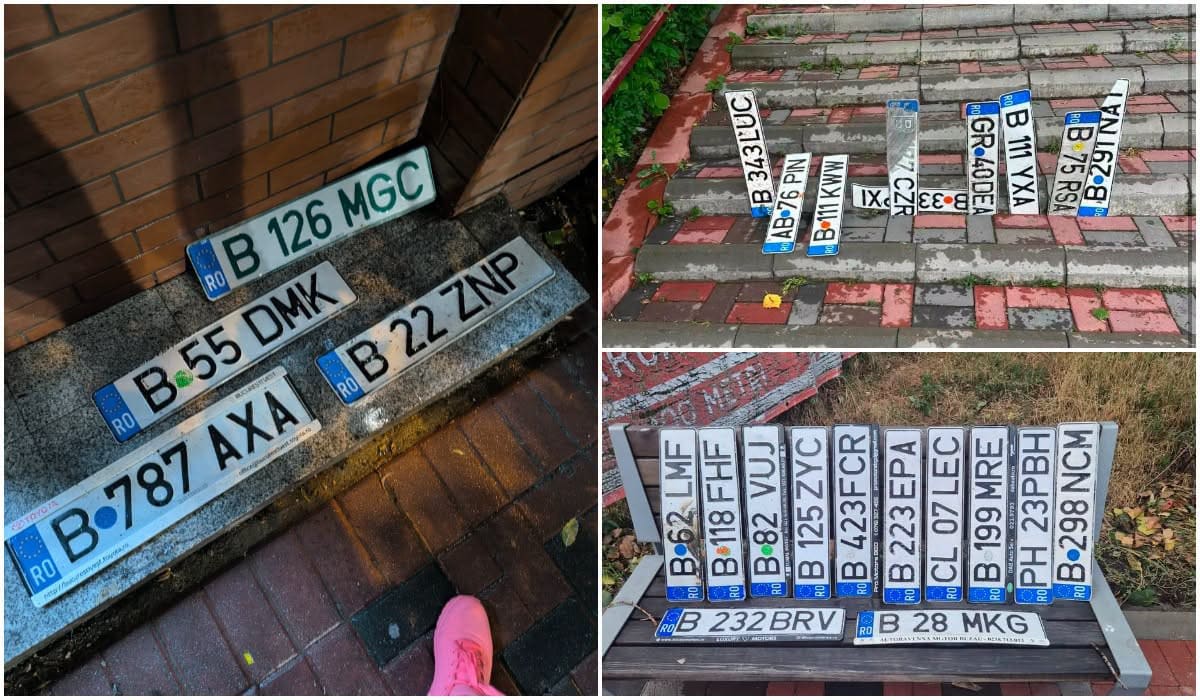 Mașini parcate pe stradă cu plăcuțe de înmatriculare vizibile