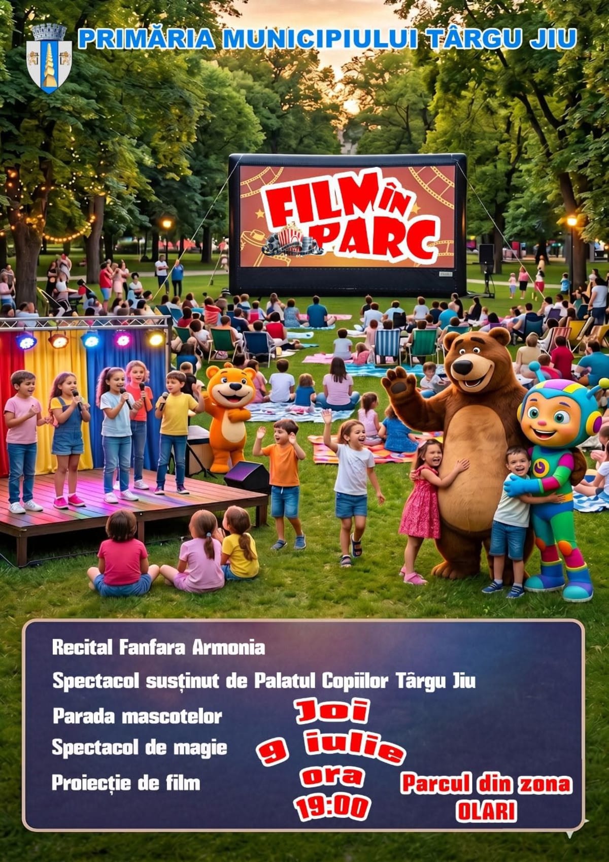 Copii participând la activități în parc, proiecție în aer liber, Târgu Jiu