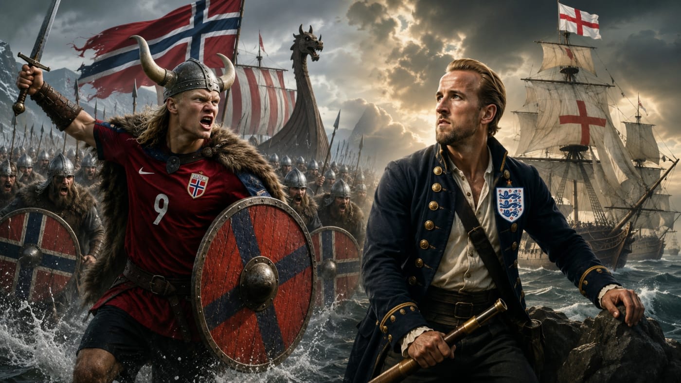 Jucători de fotbal în acțiune la meciul Norvegia - Anglia CM 2026