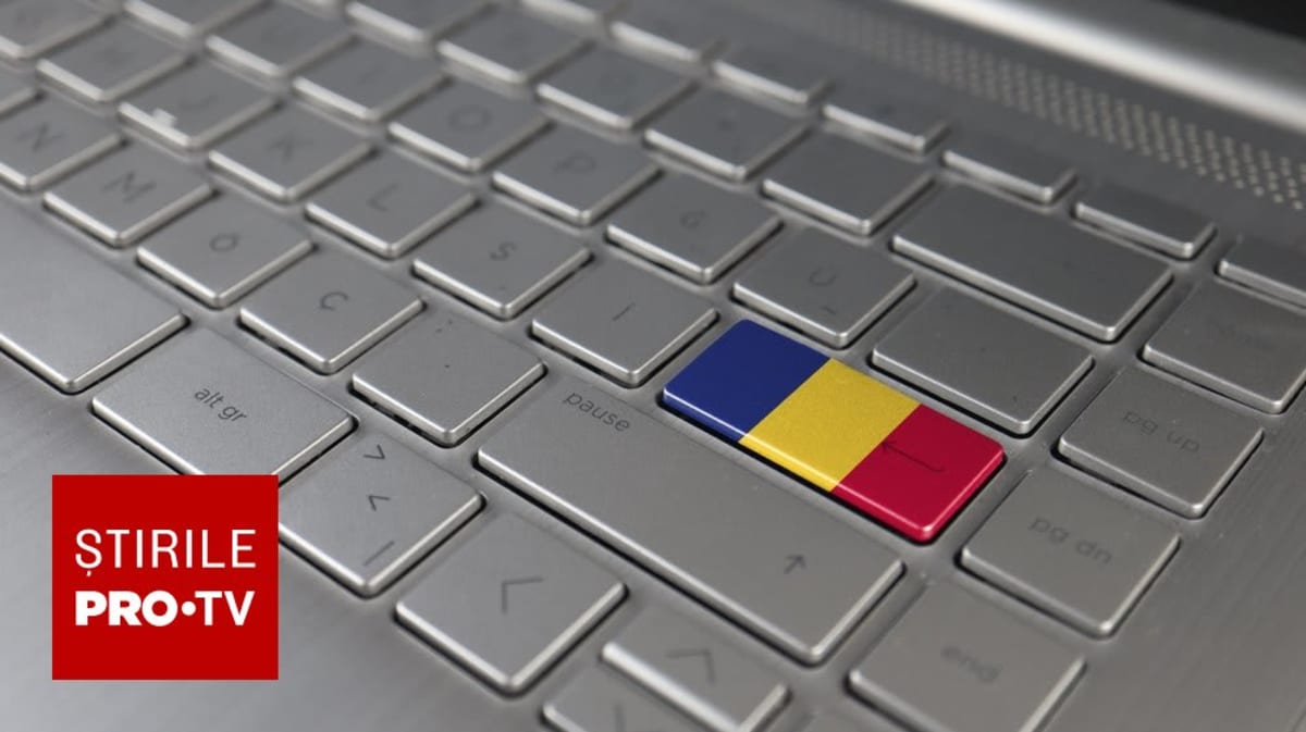 Romanian police officer monitoring cyber security, digital network attack concept