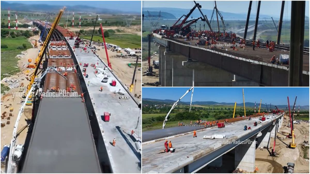 Lucrări pe șantierul autostrăzii Moldova, viaductul de la Cleja în construcție