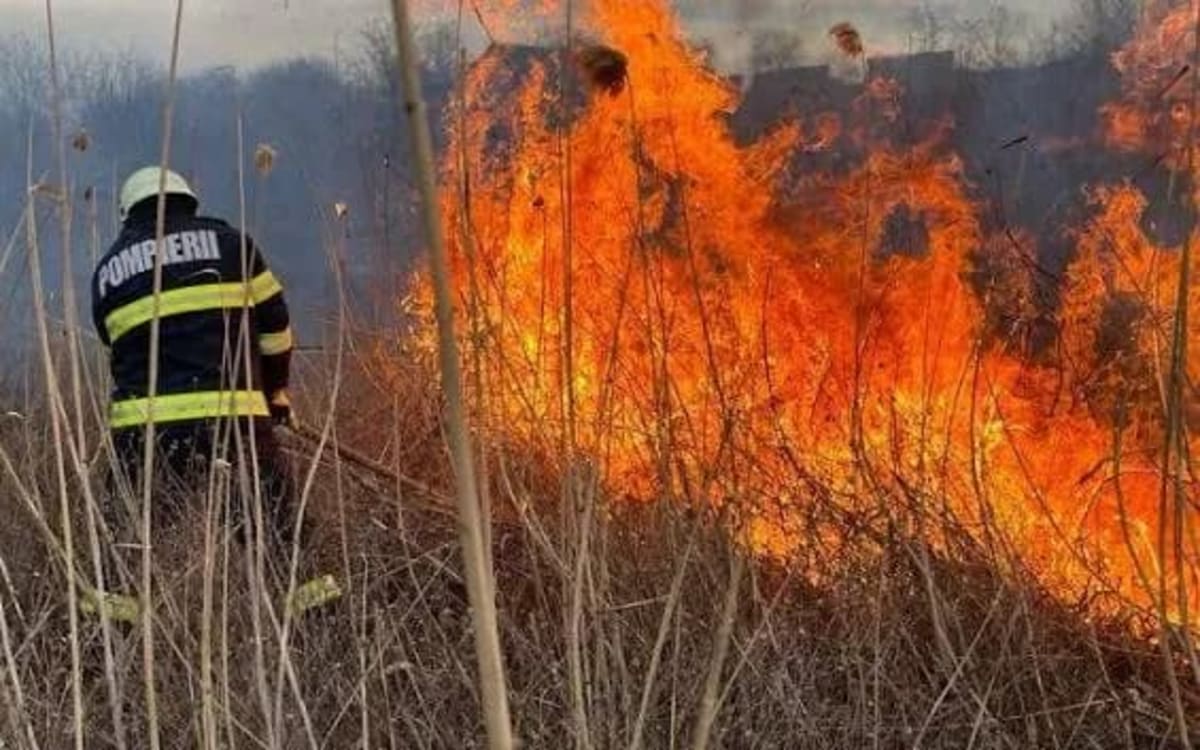 Pompieri intervenind la incendiu pe linia de contact a CFR Bacău