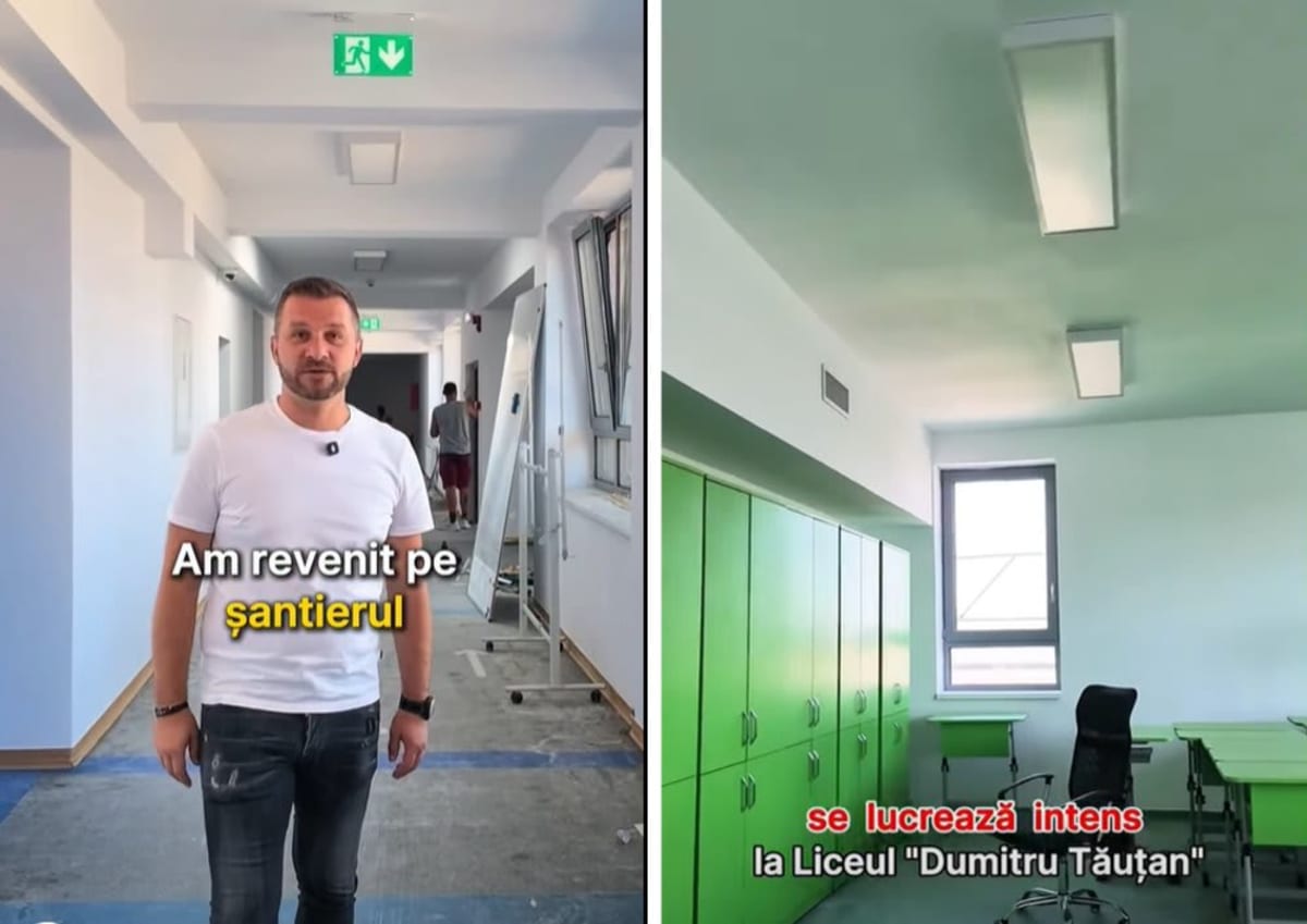 Lucrări de finisaj la liceul din Florești, muncitori în interior Lucrări de finisaj la liceul din Florești, muncitori în interior