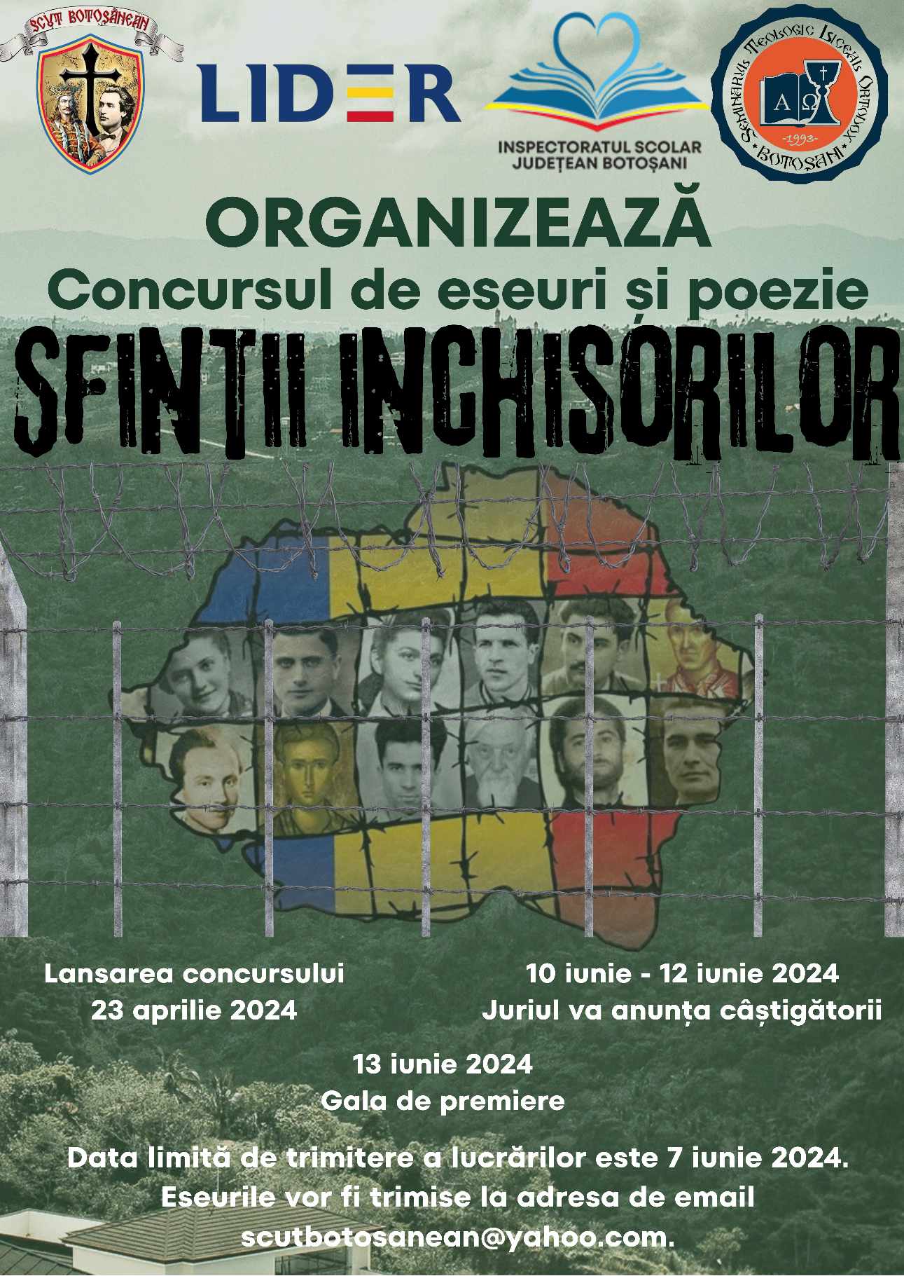 Asociația „Scut Botoșănean” organizează Concursul de Eseuri și Poezie "Sfinții Închisorilor" - Ediția a VI-a Asociația „Scut Botoșănean” organizează Concursul de Eseuri și Poezie "Sfinții Închisorilor" - Ediția a VI-a