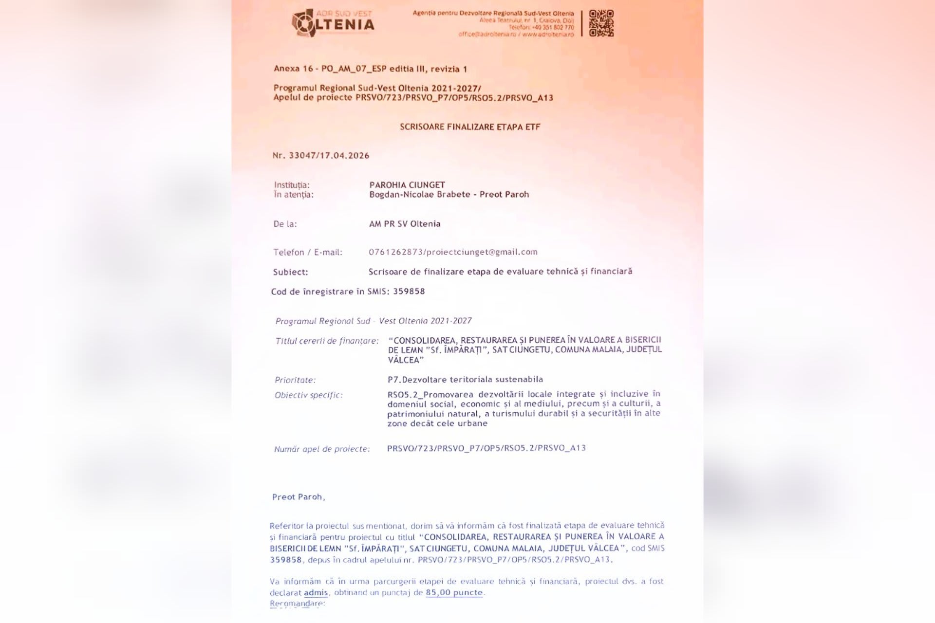 Fonduri europene pentru patrimoniul din Malaia: Restaurarea Bisericii de lemn din Ciungetu a fost admisă