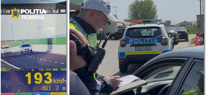 Polițist rutier verificând viteza unui șofer pe DN6, Timișoara