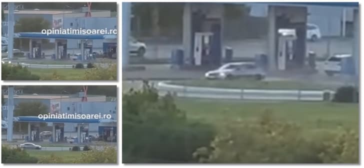 Polițiști și mașină de poliție în acțiune lângă benzinărie în Timișoara