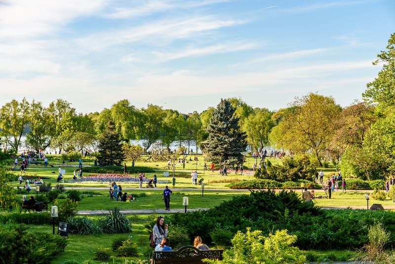 Parc din București, ilustrativ, cu copaci verzi și oameni în aer liber Parc din București, ilustrativ, cu copaci verzi și oameni în aer liber