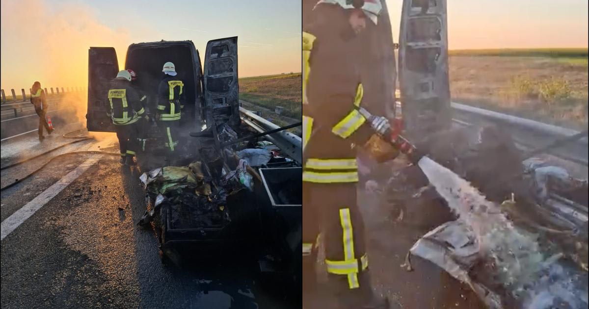 Pompieri în acțiune stingând un incendiu pe autostrada A1, lângă Pecica Pompieri în acțiune stingând un incendiu pe autostrada A1, lângă Pecica