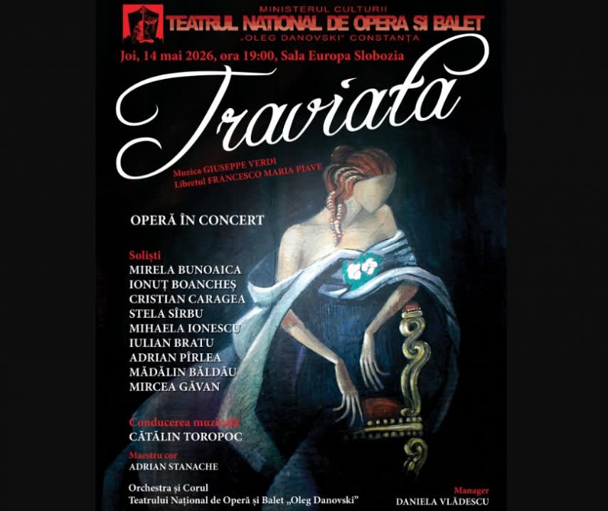 Spectacol de operă Traviata în concert, artiști pe scenă, public în sală