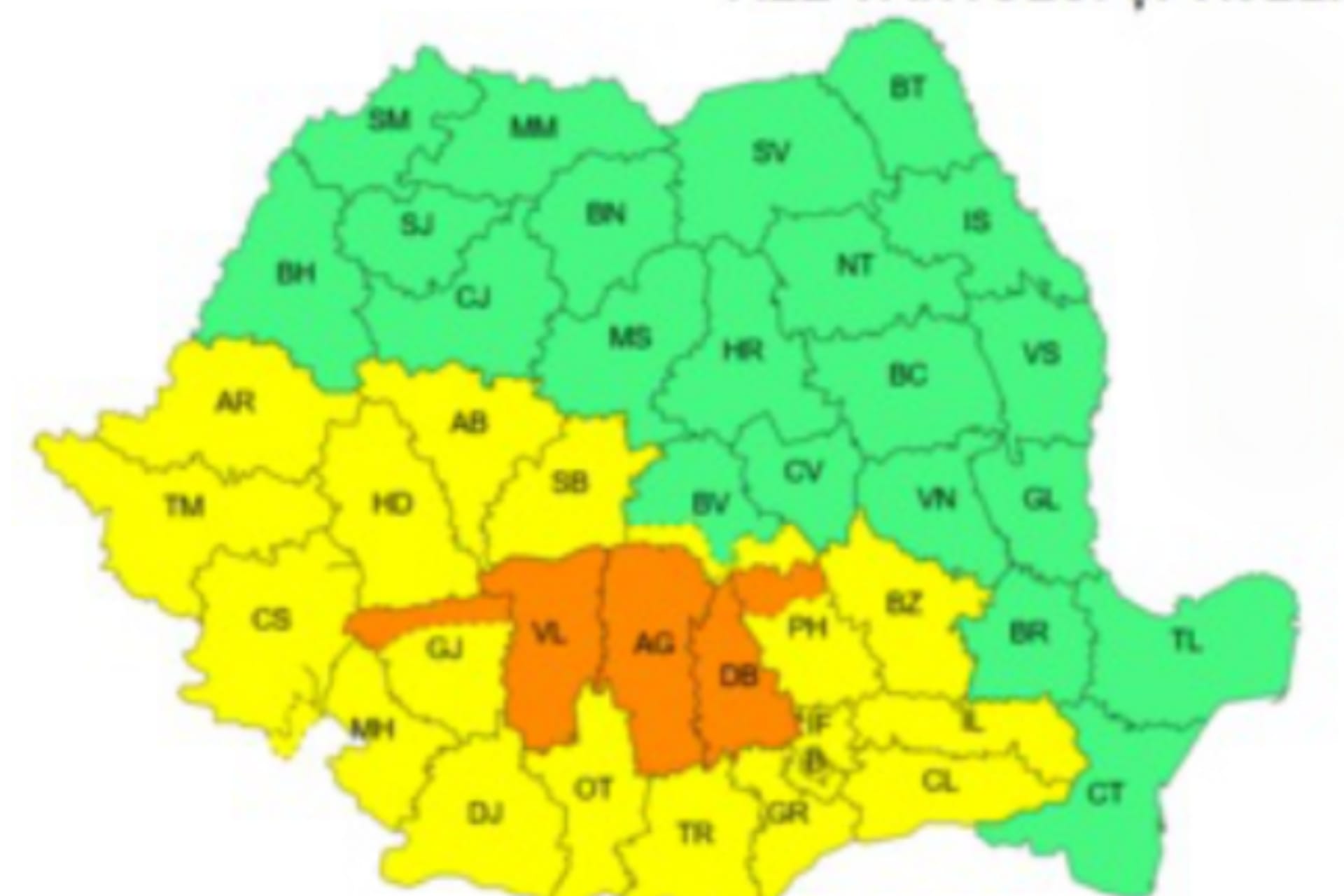 COD PORTOCALIU de ploi torențiale în Vâlcea, ANM a anunțat până la 70 l/mp