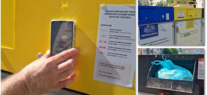 Utilizator apropind telefonul de insula ecologică din Timișoara