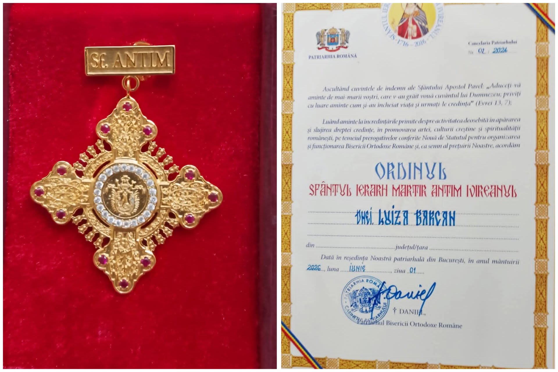 Luiza Barcan primind decorarea de la Patriarhul Daniel