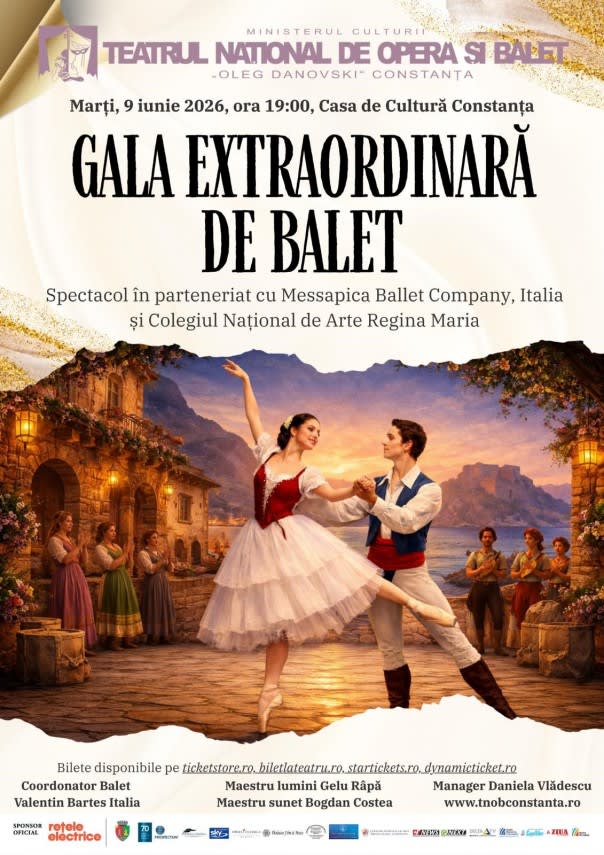 Spectacol de balet pe scenă în Constanța, artiști în costume elegante