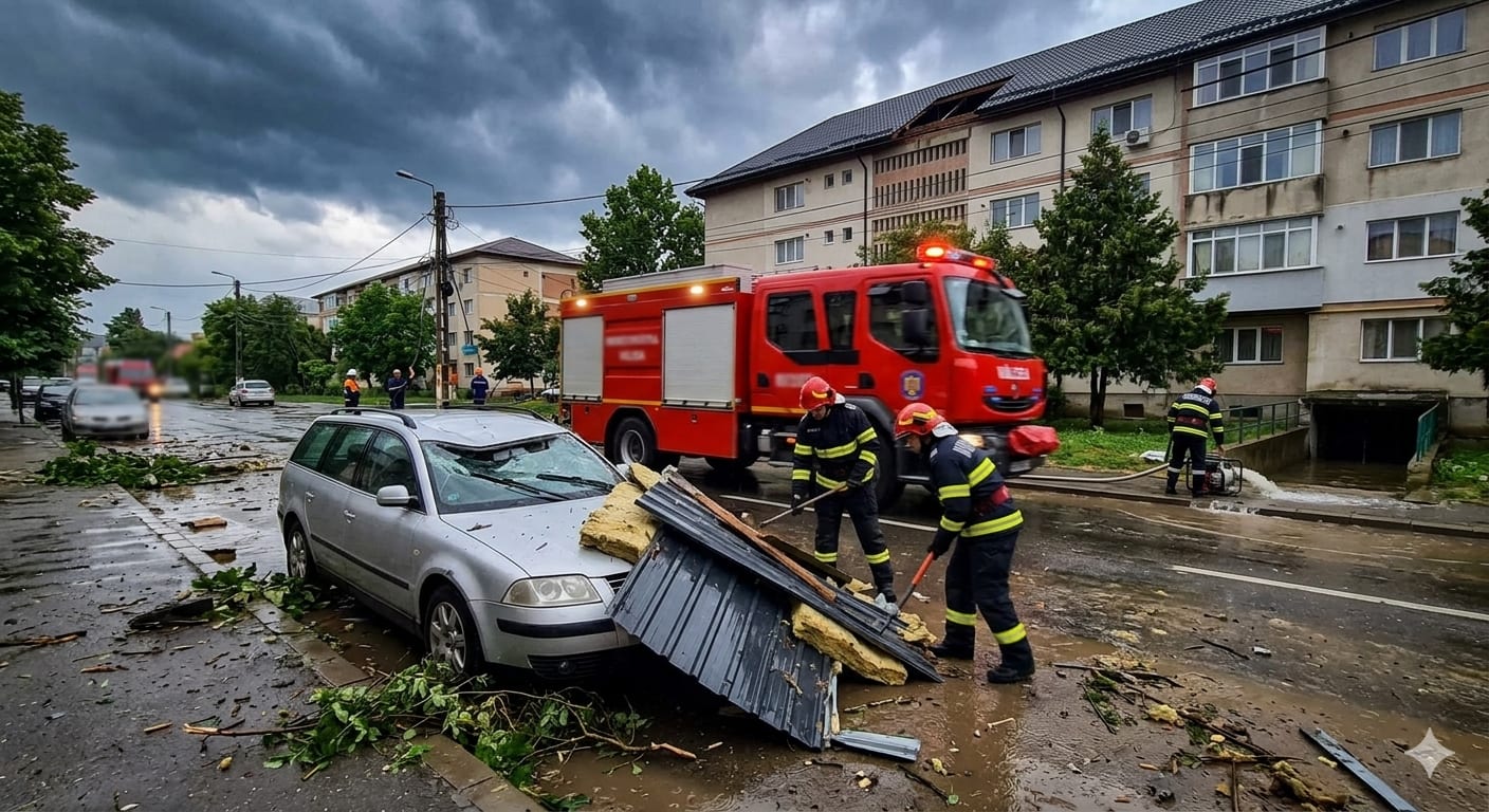 Pompieri intervenind în Vâlcea, acoperiș prăbușit și inundații